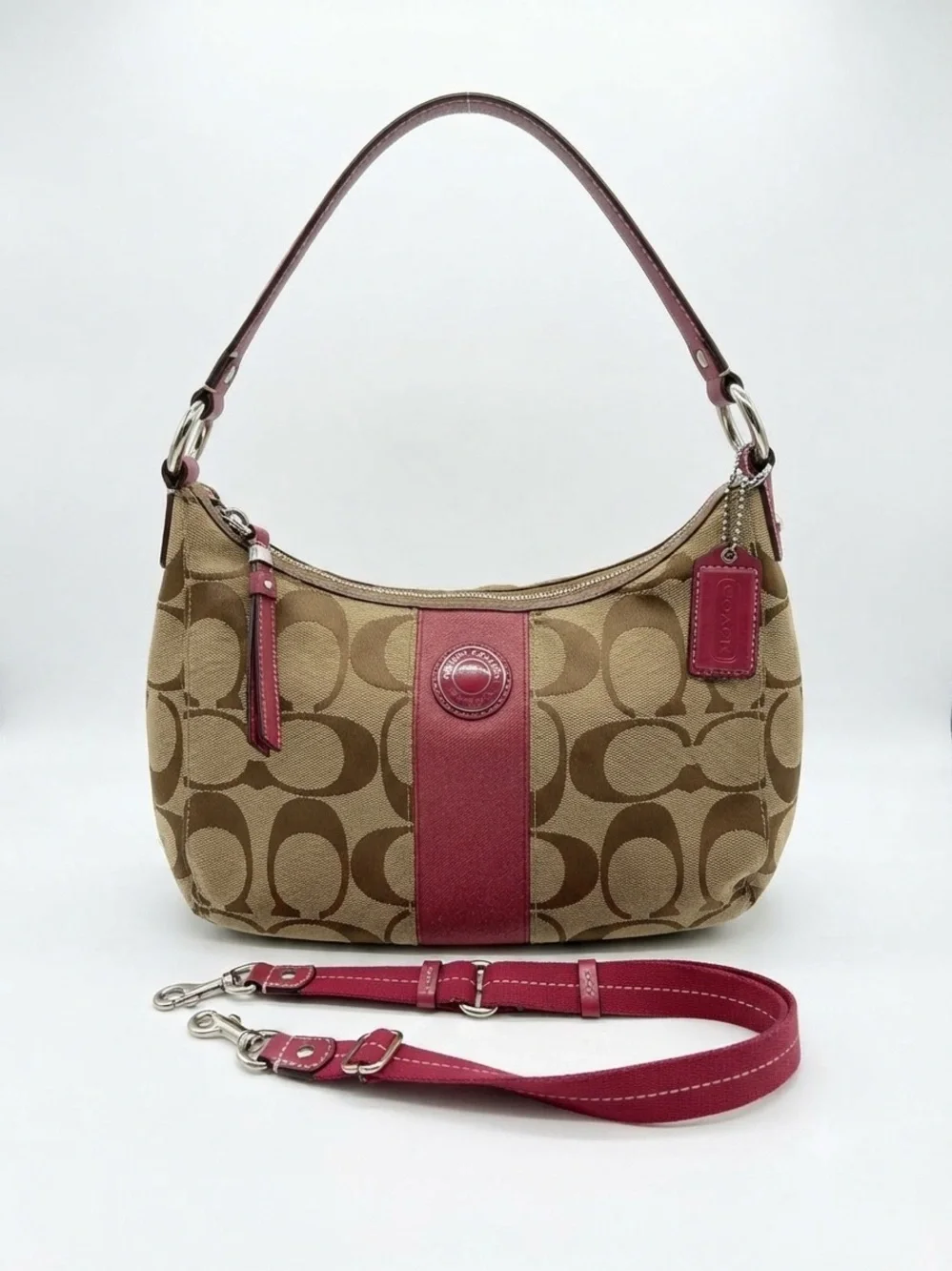 Coach Signature Khaki & Berry Red Canvas Hobo Shoulder Bag with Crossbody Strap